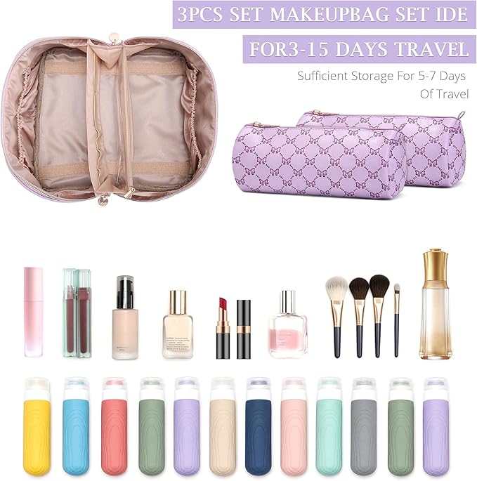 Travel Makeup Bags for Women: Luxury Bow Print Make up Bag | Bow Print That Stays as Sweet as You,3 Set Large Capacity Cute Cosmetic Case - Waterproof Leather Toiletry Organizer Bag - Image 4
