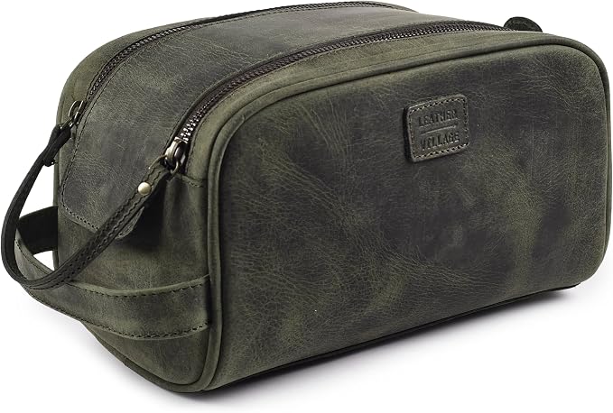 LEATHER VILLAGE Genuine Leather Toiletry Travel Pouch With Waterproof Lining - Olive | King-Size Handcrafted Vintage Dopp Kit Bag, Shaving & Bathroom Organizer, Gift for Men & Women - Image 2