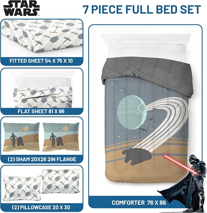 Star Wars Full Comforter Set 7 Piece Soft Bedding for Boys, Multi | Bed in a Bag, Comforter Sheets Shams Pillowcases, Official Product, Soft Microfiber, Machine Washable, Boys Gift - Image 3