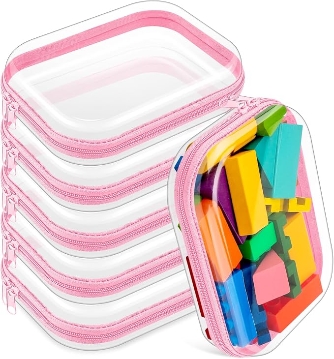 Sanwuta 6 Pcs Clear Hard Zipper Case Plastic Zipper Pouches Transparent Makeup Bag Pencil Case Pouches Toiletry Diaper Bag for Travel Toy Storage Organizer Bins(Pink,7.87 x 5.9 x 2 Inch) by Sanwuta
