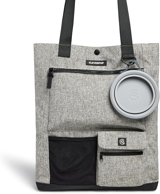 Cleverpup Park Pack 2-Piece Set Dog Gear Tote – Dog Travel Bag with 8 Pockets, Treat Pouch, Poop Bag Dispenser, Quick-Dry Ball Pocket, Collapsible Bowl, Perfect for Walks & Park Trips, Heather Grey by Cleverpup