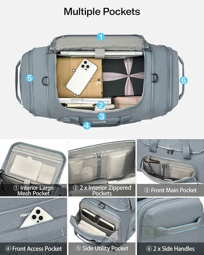 Hanke Duffle Bag for Travel, Dual Expandable 45L-55L Carry On Duffel, 3 In 1 Weekender Tote, Water Resistant Overnight Bag with 15.6" Compartment for Men Women, Grey - Image 5