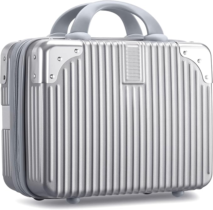 14 Inch Hard Shell Cosmetic Case, Mini Carrying Makeup Suitcase, Silver | Small Pressure-proof Hard Case Makeup Travel Case with Elastic Band ABS Carrying Suitcase, Mini Travel Hand Luggage Organizer by Noverlife