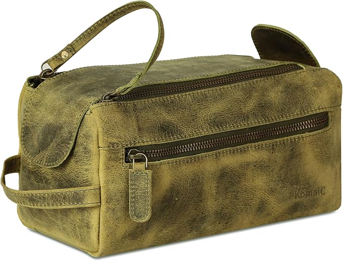 KomalC Premium Buffalo Leather Toiletry Bag for Men & Women With Water resistant Lining, Grooming Travel Pouch, Unisex Wash Bag for Toiletries, Gifts for Men and Women by KomalC