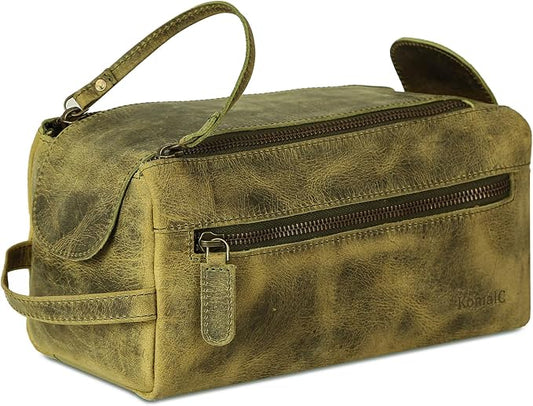 KomalC Premium Buffalo Leather Toiletry Bag for Men & Women With Water resistant Lining, Grooming Travel Pouch, Unisex Wash Bag for Toiletries, Gifts for Men and Women by KomalC