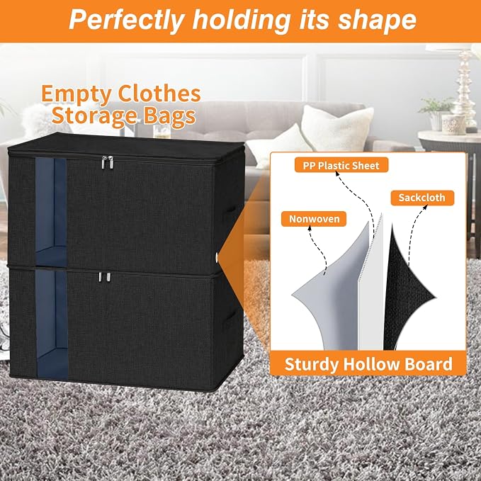 punemi 2 Pack Clothes Storage, Sturdy Blanket Storage Bags with Side Bottom Support, Storage Containers for Organizing Bedroom Closet Clothing Comforter, Organization and Storage W/Lids Handle,Black - Image 3