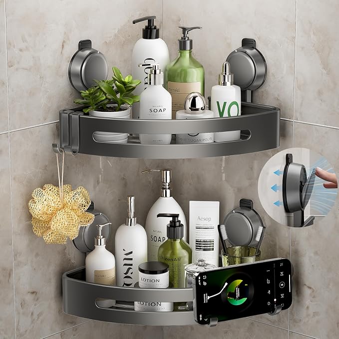 Corner Shower Caddy Suction Cup,Shower Shelves with Hooks,No Drilling Powerful Upgrade Suction Bathroom Corner Organizers and Storage,Removable Waterproof Rustproof Shower Shelf Bathroom Decor by ONXEBornforqualityNeverWasteYourMoney