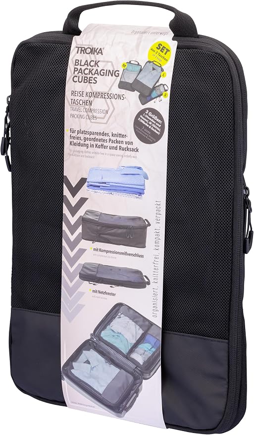 Travel Compression Bag Set - TROIKA Black Packing Cubes - 3 Pack Bags with Additional Compression Zip for Space-Saving Packing of Clothes in Suitcase & Backpack, black, 39,5 x 27,5 x 3,7 cm - Image 6