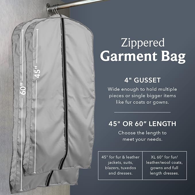 60" Luxury Fur Coat Cotton Blend Cloth Garment Bags for Travel & Hanging Clothes (Grey - Houndstooth Trim) - Suit Covers Garment Bag for Men & Women Dress Bag - Closet Storage Suit Bag, Coat Storage - Image 3