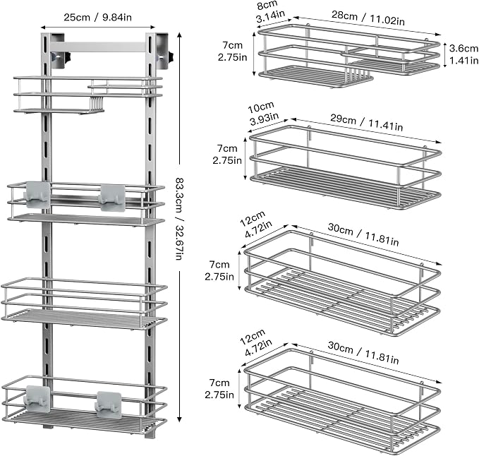 Orimade Shower Caddy Adjustable Height 4 Tier Silver,Bathroom Hanging Over the Door Organizer Shelf Rustproof with 4 Hooks,Shower Basket with Soap Holder and Suction Cup - Image 6