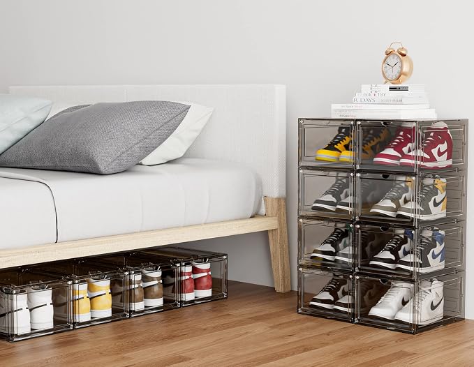 HOMIDEC Shoe Storage, 6 Pack Shoe Organizer Hard Plastic Shoe Box, Shoe Boxes Clear Plastic Stackable, Shoe Boxes with Lids for Size 13, Clear Smoke - Image 8
