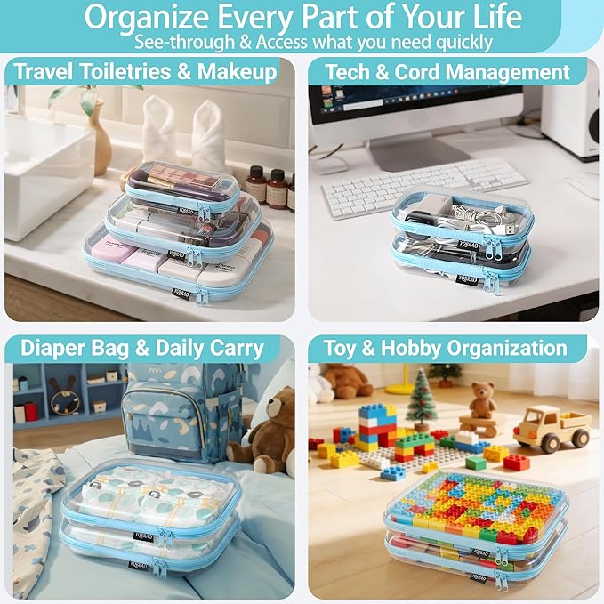 YQBRAO 4-Pack Clear Diaper Bag Organizer Pouches, 1.2mm Ultra-Thick PET Travel Pouches for Toiletries & Makeup, Rigid Self-Standing Bags with YKK Zippers, TSA Approved (Blue) - Image 3