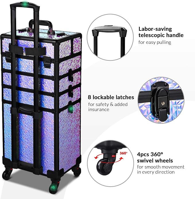 BYOOTIQUE 4in1 Cosmetology Case on Wheels w/Cosmetic Storage Makeup Artist | Aluminum Rolling Makeup Suitcase 360° Detachable Wheel Lockable Makeup Case Organizer w/ Mirror Nail Tech Mermaid Purple - Image 3