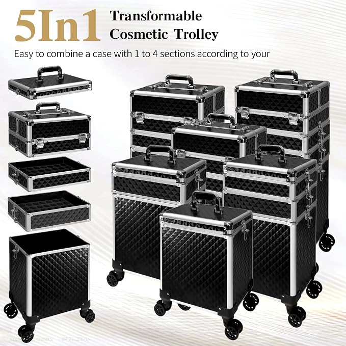 5 in 1 Rolling Makeup Train Case Professional Cosmetic Trolley Large Storage Organizer on Wheels for Hairstylist Artist Nail Beauty Salon Barber Black - Image 3