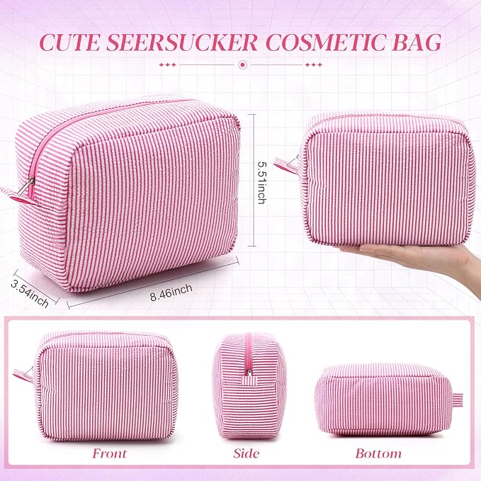 Sanwuta 9 Seersucker Cosmetic Bag Bulk Striped Makeup Bag for Women Aesthetic Cute Travel Toiletry Organizer Preppy Storage Pouch for Wedding Bridesmaid Mother's Day Teacher Gift (Large,Pink) - Image 2