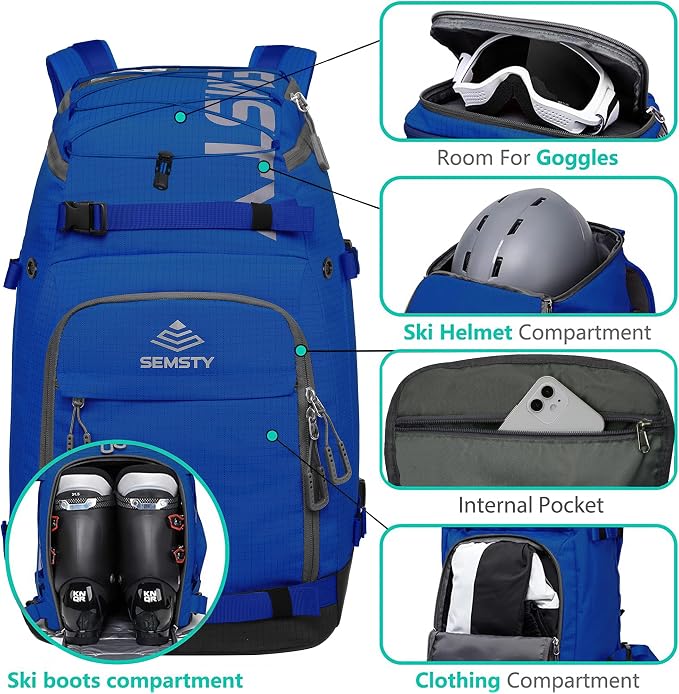 Ski Boot Bag, 55L/70L Waterproof Ski and Snowboard Boots Travel Backpack for Skis, Snowboard, Ski Helmet, Goggles, Gloves & Accessories - Image 3