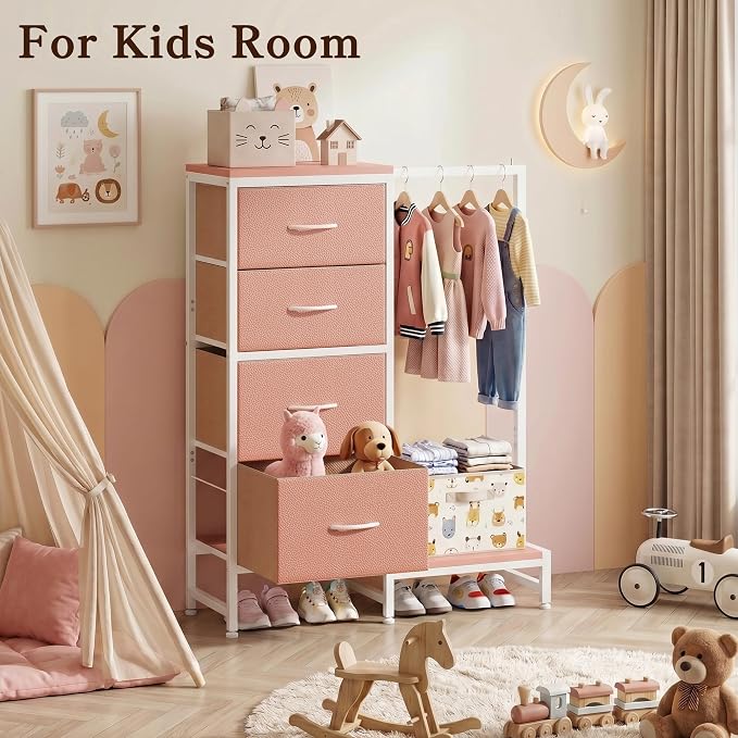 HIGDBFE Dresser with Hanging Rack, 4 Drawers Small Closet for Bedroom, Reversible Fabric Kids Chest of Drawers with Clothes Rack, Tall Storage Tower, Sturdy Frame, Pink, 44''H - Image 7