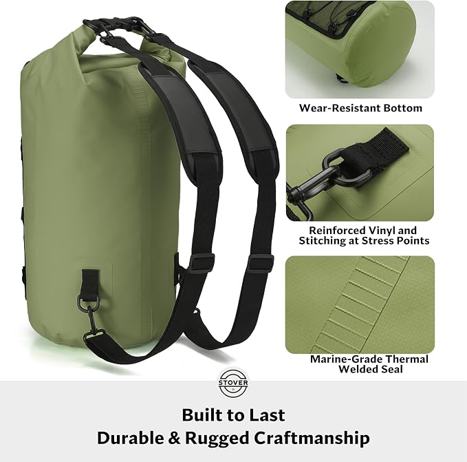 STOVER 5/10/25/30/40L Waterproof Dry Backpack & Phone Case- Large Floating Dry Bag for Kayaking, Travel, Hiking, Fishing, Camping, Motorcycles & Beach, Heavy-Duty Roll Top Men/Women (Green) - Image 4