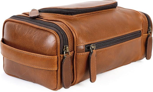 ELIZO Real Leather Toiletry Bag for Men - Large Hanging Travel Organizer for Toiletries, Ideal for Dopp Kit & Shaving Kit for Men, Essential Mens Travel Toiletry Bag for Toiletries (Cognac) by Elizo