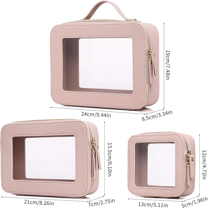 Clear Makeup Bag Set 3 Piece Travel Case for Cosmetics and Toiletries Women's Makeup Organizer and Car Essential with Zipper (Pink, L+M+MINI) - Image 5