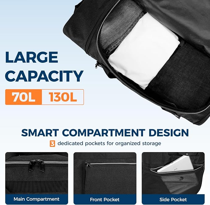 Uarition 70L Foldable Rolling Duffle Bag with Wheels, 28” Large Duffle Bag for Travel, Carry On Luggage Duffel Bag for Traveling/Camping/Moving, Water Resistant, Black - Image 3