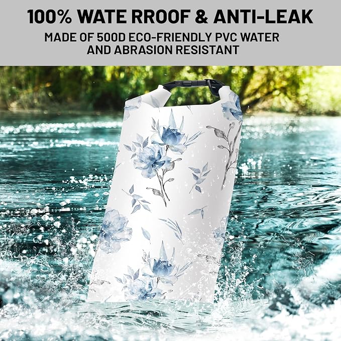 Waterproof Dry Bag,Blue Flower Watercolor Small Waterproof Backpack 2L/5L/10L/20L/30L/40L Floating Lightweight Bags for Kayaking, Boating, Fishing, Swimming Camping with Waterproof Phone Case - Image 2