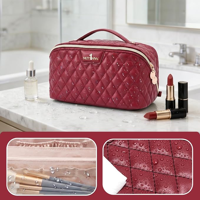 Travel Makeup Bags Cosmetic Organizer: 3Pcs Set Puffy Make up Bag for Women | Red Premium Quilted ELEGANCE Design | Large Capacity Leather Toiletry Bags | Wide Open Compact Case for Travel Essentials - Image 2
