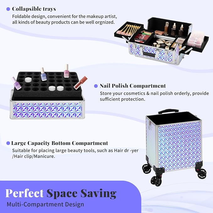 3 in 1 Rolling Makeup Train Case Cosmetology Case on Wheels, Silver | Large Cosmetic Trolley Organizer with Keys Salon Barber Case Traveling Cart Trunk for Artist Hairstylists Nail Tech - Image 6
