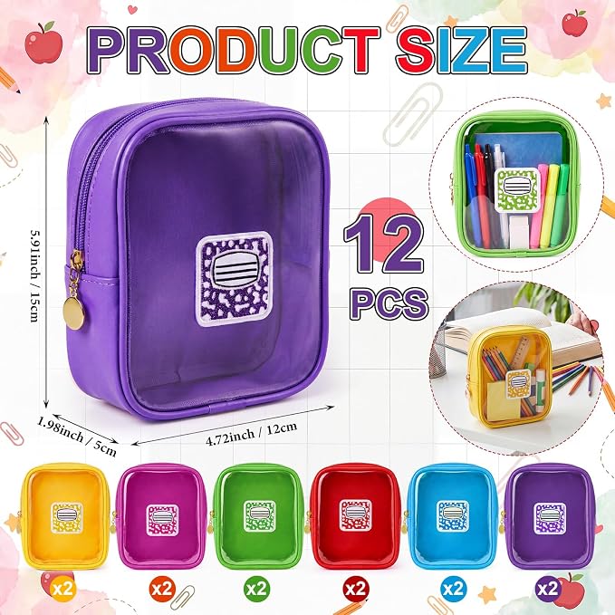 12 Pack Back to School Clear Makeup Bag, PVC Cosmetic Pouch with Composition Notebook Embroidery 6 Colors, Teacher Appreciation Gift, Small Waterproof Leather Travel Bag for Women - Image 2