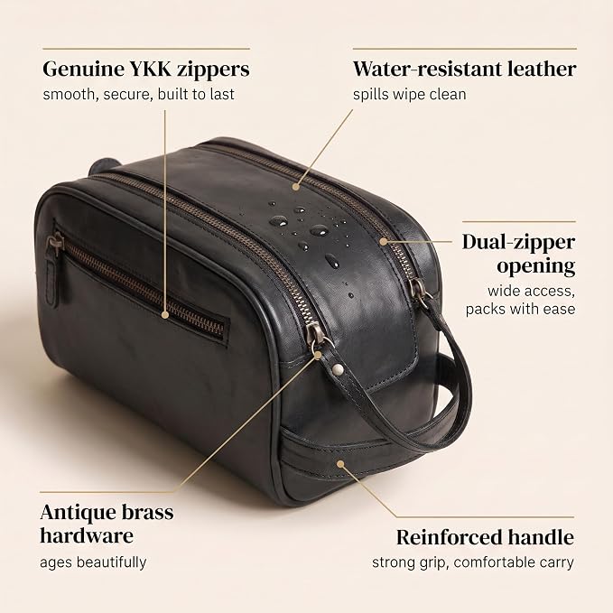 LEATHER VILLAGE Genuine Leather Toiletry Travel Bag With Waterproof Lining - Black | King-Size Handcrafted Vintage Dopp Kit Bag, Shaving & Bathroom Organizer, Gift for Men & Women - Image 3