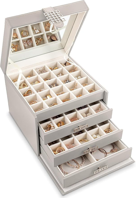 Glenor Co Earring Organizer Holder - 75 Small & 4 Large Slots Classic Jewelry Box with Drawer & Modern Closure, Mirror, 4 Trays Earrings, Ring or Chain Storage - PU Leather Case - Grey by GlenorCo