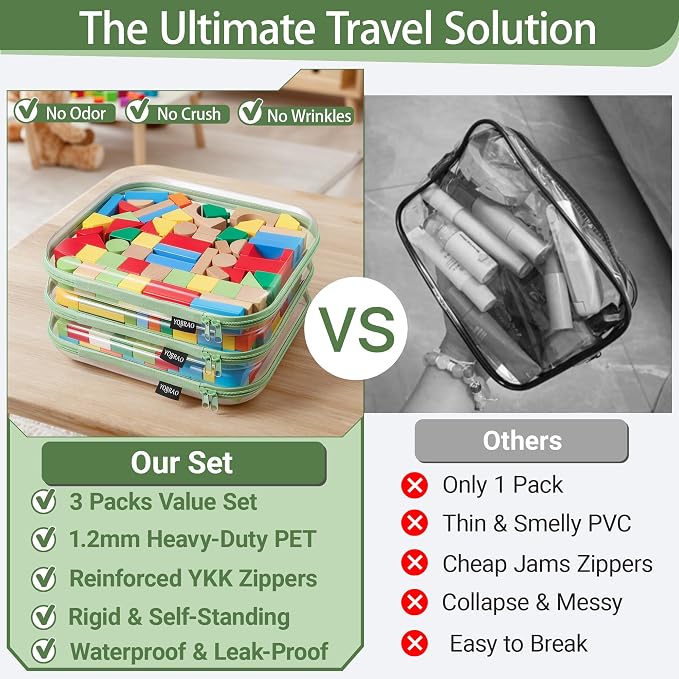 YQBRAO 3-Pack Large Clear Hard Shell Zipper Case, 1.2mm Ultra-Thick Rigid Toy & Closet Organizer, Heavy-Duty Diaper Bag Pouch Set with YKK Zippers, Waterproof Travel Storage (Green) - Image 2