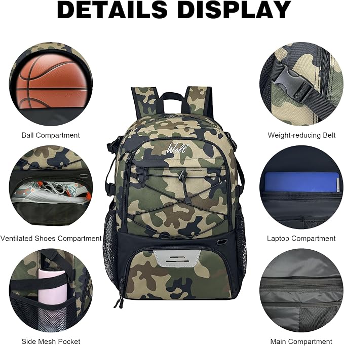 WOLT Basketball Backpack Large Sports Bag with Separate Ball Holder & Shoes Compartment, Best for Basketball, Soccer,Gym - Image 3