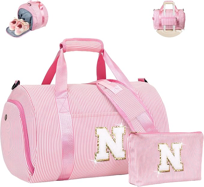 Gift for Teenage Girl, Girls Travel Duffle Bag, Kids Initial Overnight Bags with Shoe Compartment, Personalized Weekender Bag with Makeup Pouch, Dance Recital Gifts for Daughter (Letter N) by Vogewood
