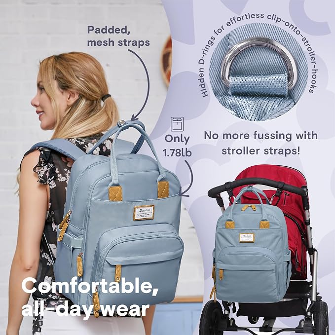 RUVALINO Diaper Bag Backpack-Multifunction Baby Travel Bag with Changing pad, Insulated Bottle Holders & Pacifier Case, Large Capacity, Waterproof, Sky Blue - Image 6