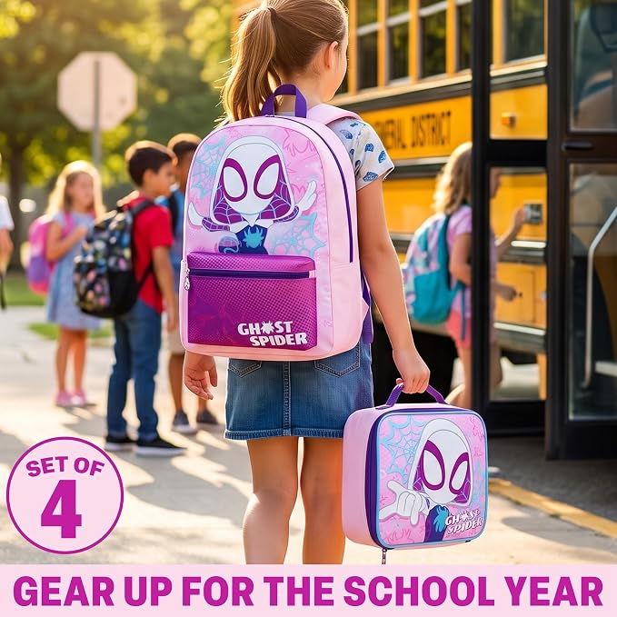 Get Trend Marvel Ghost Spider Kids Backpack 4 Piece Set | 18 inch Bookbag, Insulated Lunch Bag, Zipped Pencil Case & BPA-Free Water Bottle for School & Travel, Gifts for Girls - Image 2