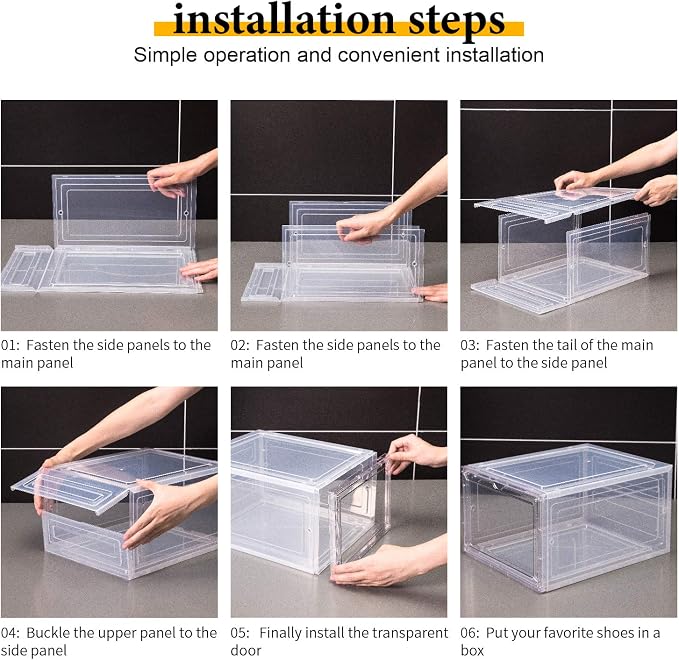 Attelite Shoe Box,Set of 6,Stackable Plastic Clear Shoe Box Organizer with Magnetic Door,Shoe Storage Box Thicken Sturdy,Easy Assembly,Fit up to US Size 12,Black - Image 5