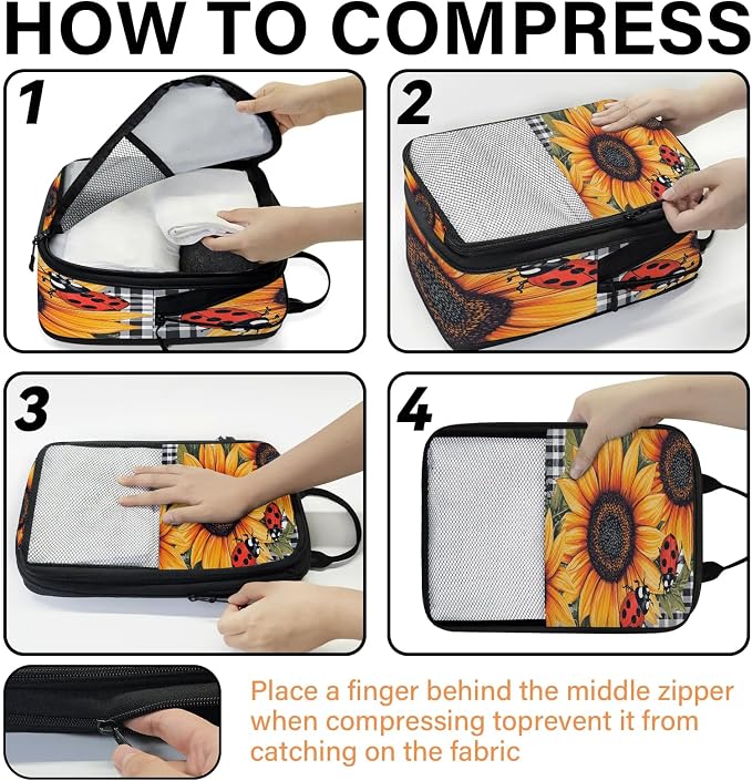 Ladybugs Sunflower Compressible Packing Cubes for Suitcase 6 Set Lightweight Expandable Compression Packing Travel Luggage Organizer - Image 4