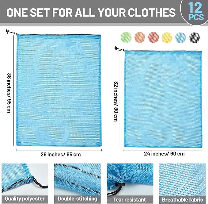 Berlune 12 Pcs 38x26 in Large Laundry Bag Colorful Extra Large Mesh Laundry Bag Bulk with Drawstring Heavy Duty Mesh Machine Washable Drawstring Pouch - Image 2