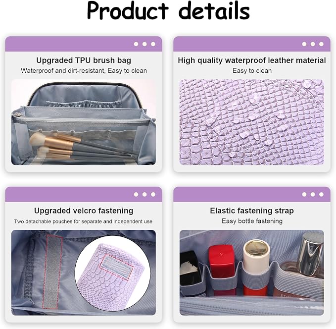 BOYATU Travel Makeup Bags for Women: 3 Pcs Set Wide Open Cosmetic Bag - Portable Make up Bags with Handle - Vegan Leather Toiletry Organizer Bag with Divider (G-01-Purple) - Image 5