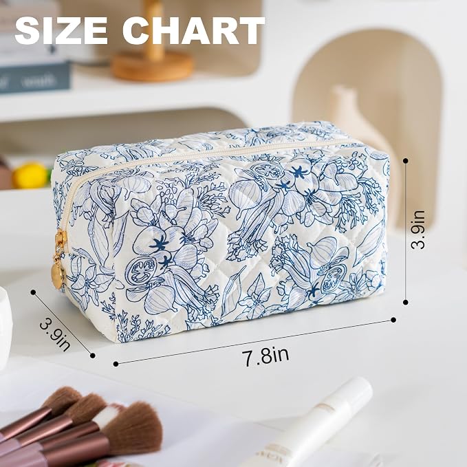 Makeup Bag Travel Toiletry Bag for Women, Small Cosmetic Bags Cute Quilted Cotton Makeup Pouch for Purse Emergency Bag Pencil Case Accessory Bag, Light Cyan - Image 4