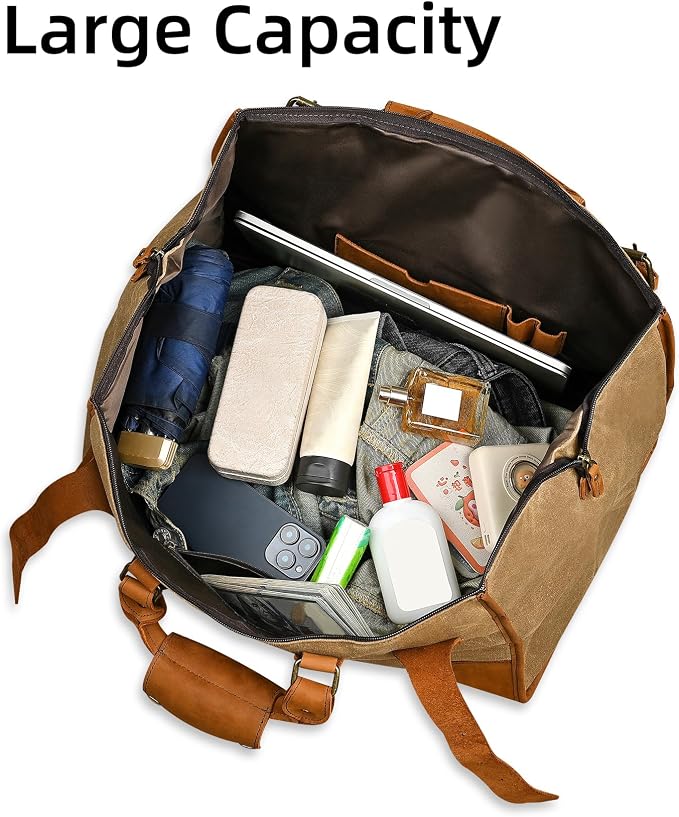 Water Resistant Canvas + Leather Travel Luggage Tote Duffle Gym Suitcase Weekender Overnight Bag For Men Male FB8151 (A-Brown) - Image 6