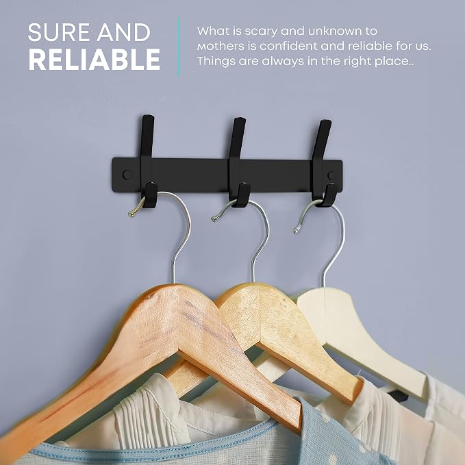 Coat Rack Wall Mount – 9 Inch Stainless Steel Small Hook Rail with 3 Double Coat Hooks for Hanging – Wall Mounted Entryway Organizer for Coats, Hats, Bags, Towels, Robes, Bedroom or Bathroom - Black - Image 4