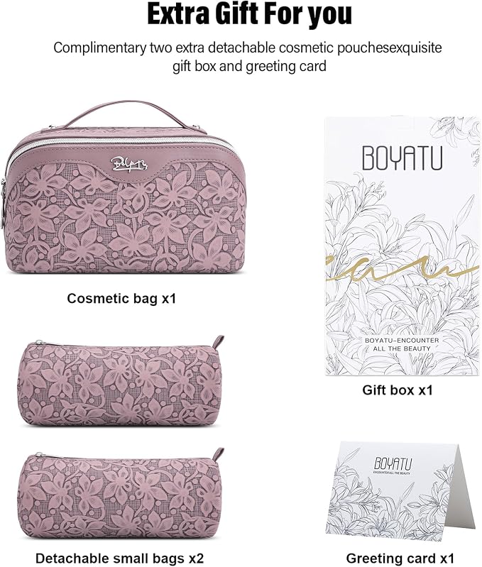 BOYATU Travel Makeup Bag Cosmetic Bags for Women: Large Capacity 3 Pcs Set Make up Bag with Compartments - Waterproof Vegan Leather Toiletry Organizer Bags with Handle (Z-64Purple) - Image 5