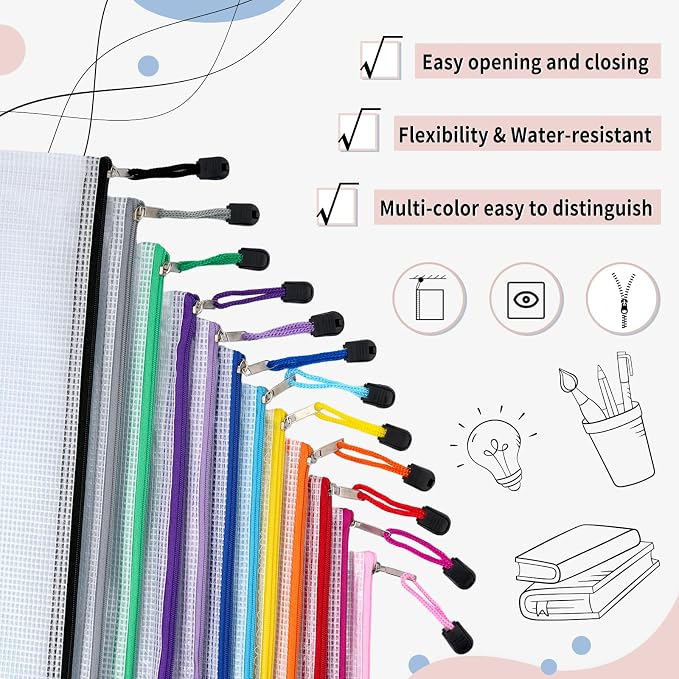 EOOUT 72pcs Mesh Zipper Pouch, A4 Size, 12 Colors Zipper Bags for Organizing Storage, Waterproof Puzzle Bag, Zipper File Bags for Board Games and School Office Supplies - Image 3