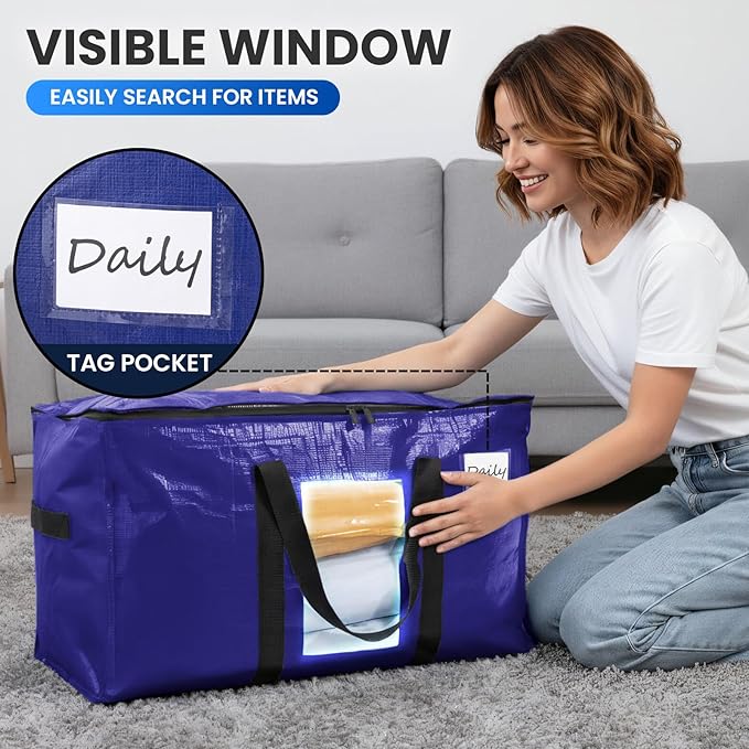 TAILI 2 Pack Dark Blue Extra Large Moving Bags, Heavy Duty Totes with Visible Window, Wrap Around Handles, Great for Storage - Image 6