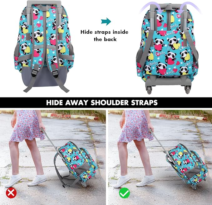 Tilami Rolling Backpack for Kids 18 Inch Double Handle Wheeled Bookbag for Boys & Girls for School & Travel,Panda - Image 8