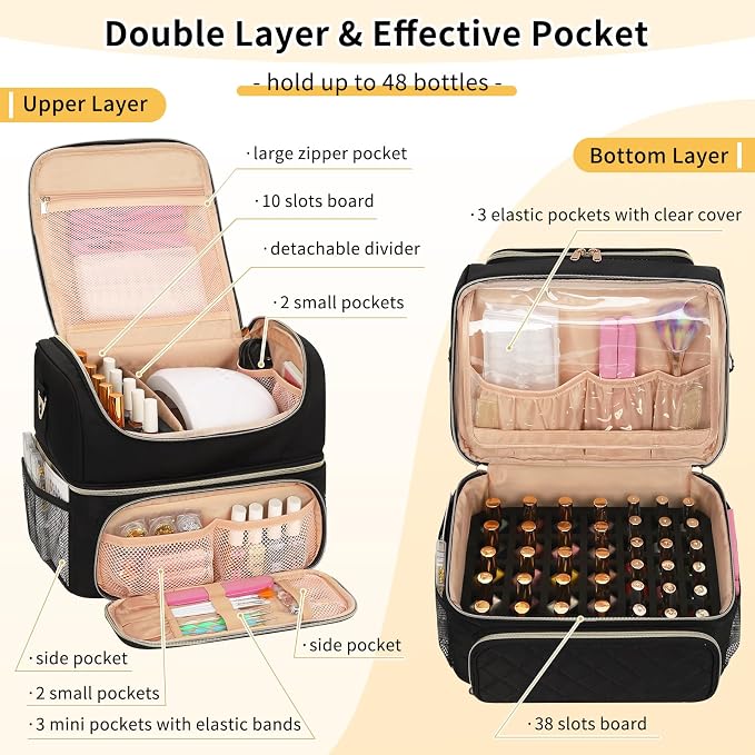 CUBETASTIC Nail Polish Organizer & Storage Bag for 48 Bottles & Full-Size Lamp, Double-Layer Travel Case Box for Nail Supplies, Manicure Kit & Pedicure Tools (Black, 48 Slots) - Image 2