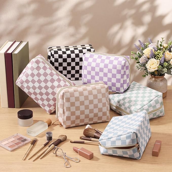 FoldTier 6 Pcs Checkered Makeup Bag Bulk for Women Travel Cosmetic Bag with Zipper Organizer Toiletry Pouch 8.7 x 5.9 x 3.9 Inch Pencil Pouch for Purse Back to School Party Favor - Image 5
