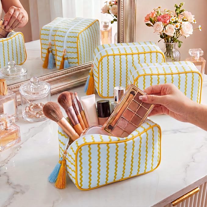 Kacctyen 6 Pack Mustard Yellow and Sage Green Striped Makeup Bag bulk with Tassel Travel Cosmetic Pouch Organizer Large Zipper Toiletry Case for Women Aesthetic Storage Pouch Mahjong Tile Bag - Image 3